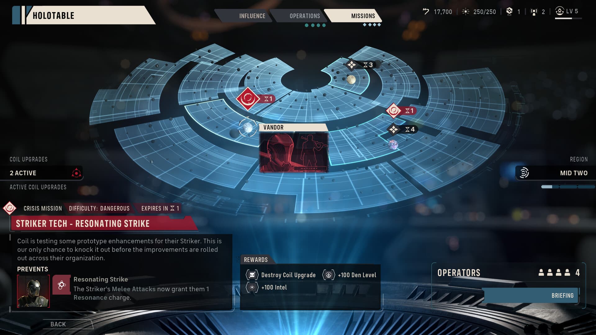 Mission selection and rewards on the Den Holotable